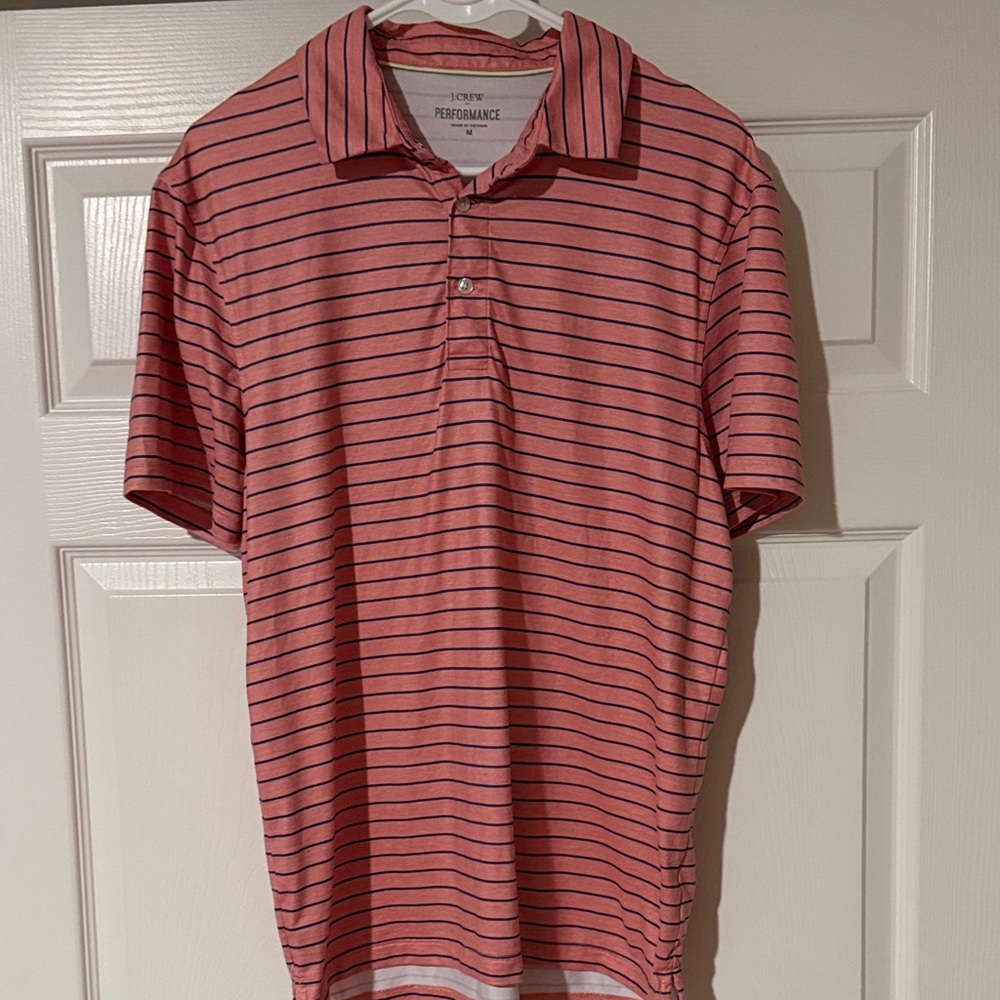J. Crew Performance Coral and Navy Striped Polo Shirt